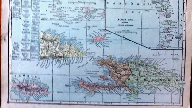 Caribbean Double page color map of the Island of Hispaniola on one page and side, with insets of Porto Rico, Jamaica and South...